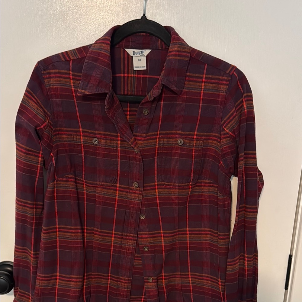 Duluth Trading Co. Burgundy and Yellow Plaid Flannel Shirt